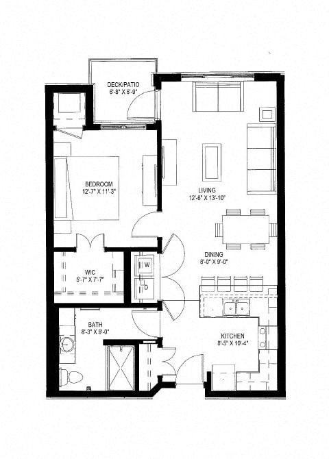 Floor plan for 1 bed, 1 bath, 811 sqft